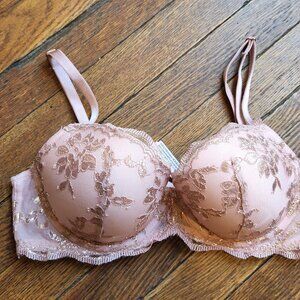 NEW 32C VICTORIAS SECRET dream angles pink|gold floral lace lined demi style bra